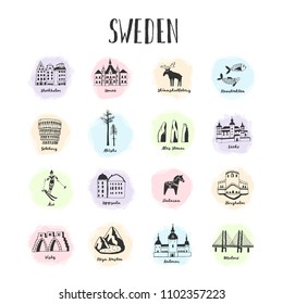 Vector hand drawn set of sights, activities and landmarks of Sweden. Famous places to visit. What to do and see.