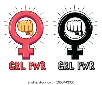 Vector hand drawn set of signs about woman's power. Poster "Girl power" with lettering isolated from white background