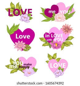 Vector hand drawn set of six Valentine’s Day stickers isolated on white. Illustrations with hearts, slogans, pink flowers, green leaves. Design elements for wedding polygraphy, postcards, invitations