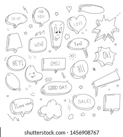 Vector hand drawn set of sketch speech bubbles clouds rounds hearts stars thought bubbles design elements.