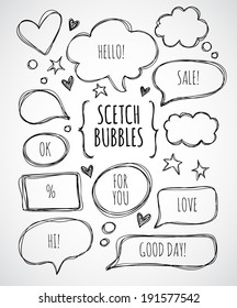 Vector hand drawn set of sketch speech bubbles clouds rounds hearts stars thought bubbles design elements