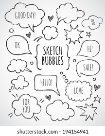 Vector hand drawn set of sketch speech bubbles clouds rounds hearts stars thought bubbles design elements