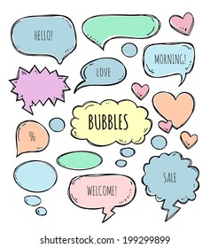 Vector hand drawn set of sketch speech bubbles clouds rounds hearts thought bubbles design elements
