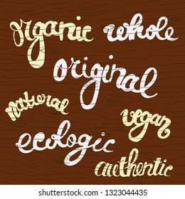 vector hand drawn set of some signs dedicated to lifestyle and nutrition theme on stylized wooden background.  