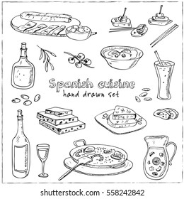 Vector hand drawn set spanish cuisine  soup  liver in garlic Paella  meal and rice   seafood  fried cookie churros 