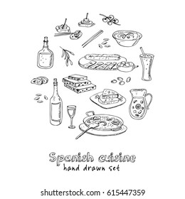 Vector hand drawn set of spanish cuisine: soup, liver in garlic Paella, meal with rice and seafood, fried cookie. Vintage illustration for design menus, recipes and packages product.