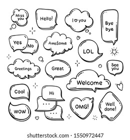 Vector hand drawn set of speech bubbles with words. Doodle dream cloud. Line illustration.