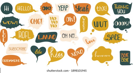 Vector hand drawn set of speech bubbles with handwritten short phrases. 
Online chat clouds with quotes: hi, bye, xoxo, sale, kiss, thanks and etc. In cartoon style isolated on white background
