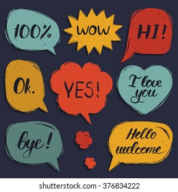 Vector hand drawn set of speech bubbles with phrases Hi, Hello, I love you, Yes, Wow, Bye, Welcome, 100%, Ok. 