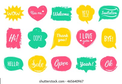 Vector hand drawn set of speech bubbles with phrases Hi, Hello, I love you, Wow, Bye, Welcome, Open, Ok, Sale, Oops, Kiss Me, Invitation, Yes etc. Comic balloons collection.