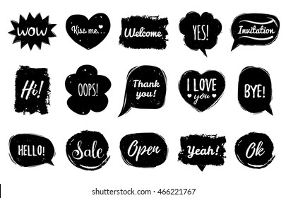 Vector hand drawn set of speech bubbles with phrases Hi, Hello, I love you, Wow, Bye, Welcome, Open, Ok, Sale, Oops, Kiss Me, Invitation, Yes etc. Comic balloons collection.