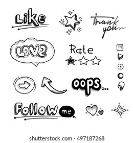 vector Hand drawn set of speech bubbles with dialog words Hello, Follow, like, Love, oops, rate. Stars, arrows and hearts illustrations isolate on white background