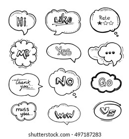 vector Hand drawn set of speech bubbles with dialog words Hello, Follow, like, Yes, Me, No, Rate, Go, Bye Hi. Pictures isolate on white background