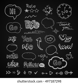 vector Hand drawn set of speech bubbles with dialog words Hello, Follow, like, Yes, Me, No, Rate, Go, Bye Hi, arrows and hearts illustrations isolate on black background