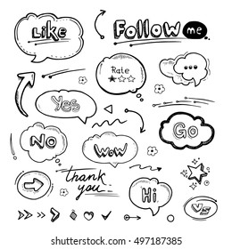 vector Hand drawn set of speech bubbles with dialog words Hello, Follow, like, Yes, Me, No, Rate, Go, Bye Hi. Arrows and lines.