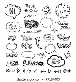 vector Hand drawn set of speech bubbles with dialog words Hello, Follow, like, Yes, Me, No, Rate, Go, Bye Hi, arrows and hearts illustrations isolate on white background