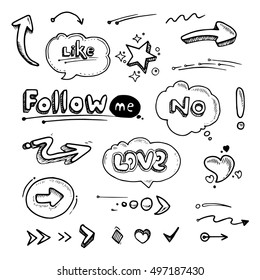 vector Hand drawn set of speech bubbles with dialog words Follow, like, Love, No, rate. Stars, arrows and hearts illustrations isolate on white background