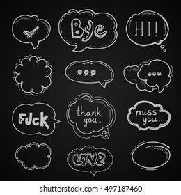 vector Hand drawn set of speech bubbles with dialog words Hello, Follow, like, Yes, Me, No, Rate, Go, Bye Hi. Arrows and lines. Isolate on black background