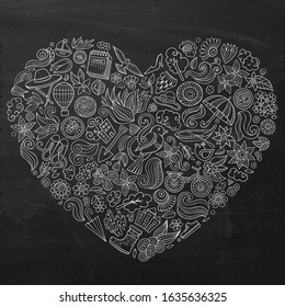 Vector hand drawn set of Spring cartoon doodle objects, symbols and items. Heart form composition