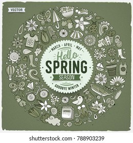 Vector hand drawn set of Spring cartoon doodle objects, symbols and items. Round frame composition