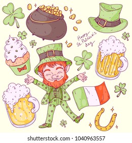 Vector hand drawn set of St. Patrick's Day theme objects and leprechaun. Irish beer, shamrock, gold pot, leprechauns hat, Irish glad and lucky horseshoe. Colored illustration on beige background.