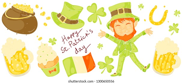 Vector hand drawn set of St. Patrick's Day theme objects and leprechaun. Irish beer, shamrock, gold pot, leprechauns hat, Irish glad and lucky horseshoe. Colored illustration on beige background.