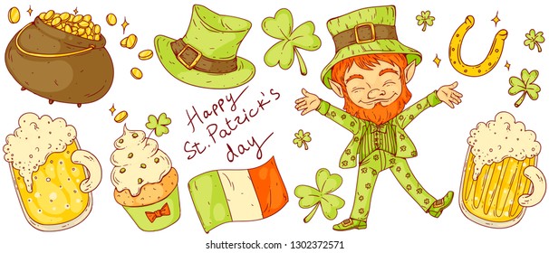Vector hand drawn set of St. Patrick's Day theme objects and leprechaun. Irish beer, shamrock, gold pot, leprechauns hat, Irish glad and lucky horseshoe. Colored illustration on beige background.