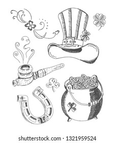 Vector hand drawn set of St. Patrick's Day accessories. Topper hat, pot of gold, old horseshoe, shamrock, steaming smoking pipe. Isolated on white background.