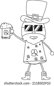 Vector hand drawn set of St. Patrick's Day theme objects and leprechaun. Irish beer, sunglasses,  leprechauns hat, Irish glad and lucky horseshoe. uncolored line art