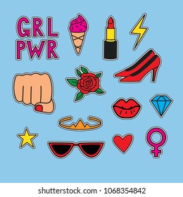 Vector hand drawn set stickers about women power. Funny illustration "Girls power" lettering with collection  of accessories and make up isolated from background