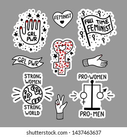 Vector hand drawn set of stickers with feminist slogan. Feminism hand drawn illustration.  Design for logo, icon, print, slogan, stickers