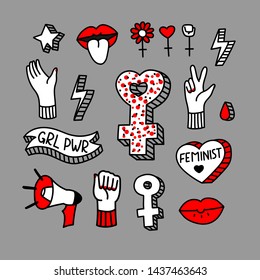 Vector hand drawn set of stickers with feminist slogan. Feminism hand drawn illustration.  Design for logo, icon, print, slogan, stickers