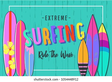 Vector hand drawn set of Surfboards. Summer colorful Surfing collection. Isolated stickers, badges, patches
