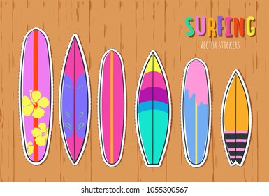 Vector hand drawn set of Surfboards. Summer colorful Surfing collection. Isolated stickers, badges, patches