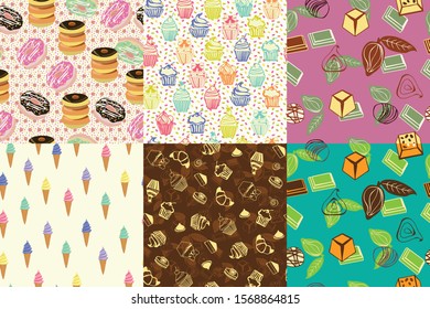 Vector hand drawn set Sweet of seamless pattern with donuts, ice-cream, cupcakes and chocolate texture. Perfect for wrappaper, wallpaper, background, package