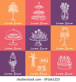 Vector hand drawn set with sweets and candies. Vintage illustration for design menus, recipes and packages product.