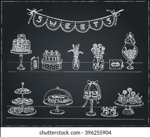 Vector hand drawn set with sweets and candies. Vintage illustration for design menus, recipes and packages product.