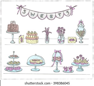 Vector hand drawn set with sweets and candies. Vintage illustration for design menus, recipes and packages product.