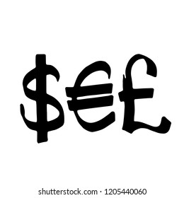 vector hand drawn set of symbols of international currency, euro, pound, dollar for economy, business, exchange, sales and trade commerce