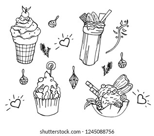 Vector hand drawn set of tasty things for coloring kids book.