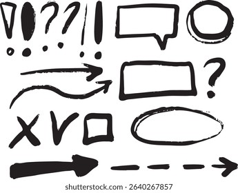 Vector hand drawn set with textured black and white ovals and rectangles