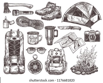 Vector hand drawn set of touristic accessories and equipment for outdoor adventure and camping. Sketch illustrations: knife, compass, axe, tent, bonfire, boots, backpack, cups, map, camera, sunglasses