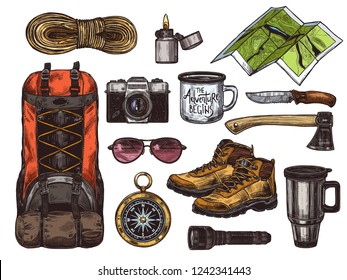 Vector hand drawn set of touristic accessories and equipment for outdoor adventure and camping. Colorful sketch collection of illustrations knife, compass, axe, boots, backpack, cups, map, camera