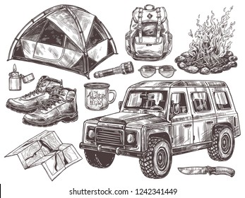 Vector hand drawn set of touristic accessories and equipment for outdoor adventure and camping. Sketch collection of illustrations tent, bonfire, boots, backpack, cups, sunglasses and off-road car