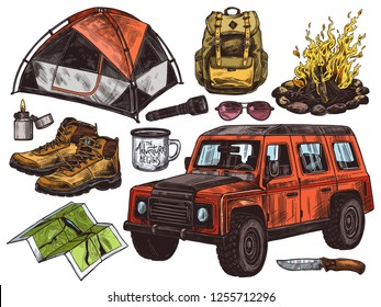 Vector hand drawn set of touristic accessories and equipment for outdoor adventure and camping. Colorful sketch collection of illustrations tent, bonfire, boots, backpack, cups, sunglasses, off-road