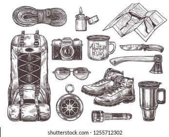 Vector hand drawn set of touristic accessories and equipment for outdoor adventure and camping. Sketch collection of illustrations knife, compass, axe, boots, backpack, cups, map, camera, sunglasses