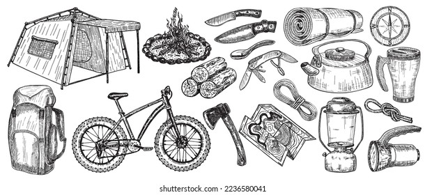 Vector hand drawn set of touristic accessories, equipment for outdoor adventure and camping. Sketch illustrations: knife, compass, axe, tent, bonfire, backpack, map, bike, lantern, thermo mug