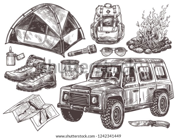 Vector hand drawn set of touristic accessories and\
equipment for outdoor adventure and camping. Sketch collection of\
illustrations tent, bonfire, boots, backpack, cups, sunglasses and\
off-road car