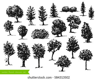 Vector hand drawn set of trees silhouettes isolated on the white background. Vector collection of trees.