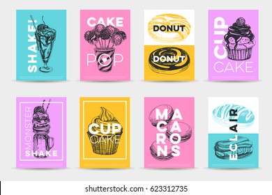 Vector hand drawn set of trendy sweets Illustrations. Sketch vintage style. Design template. Retro background. Donuts, Eclairs, macarons and milkshakes.